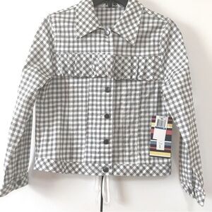 NOWADAYS Big Girls Junior Gray & White Plaid Button Front Denim Cropped Jacket